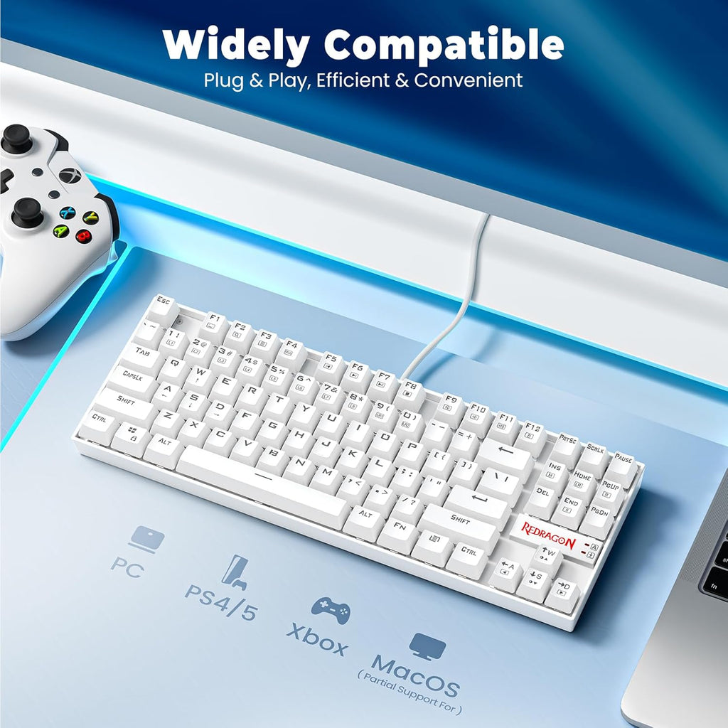 K552P Mechanical Gaming Keyboard TKL with 18 Backlight Modes, Hot-Swappable Blue Switches, 87-Key Compact Ergonomic Design, N-Key Rollover & Software Programmable Macro - RGB, White